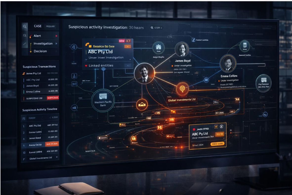 Financial crime investigation interface connecting suspicious activity, entities and transaction flows
